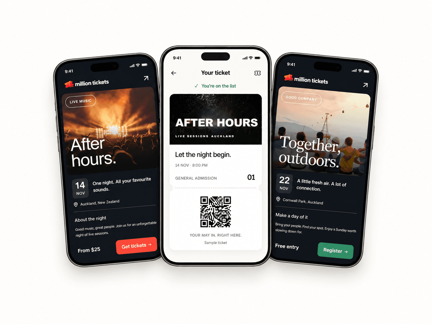 Three Million Tickets mobile previews showing two event pages and a digital QR ticket