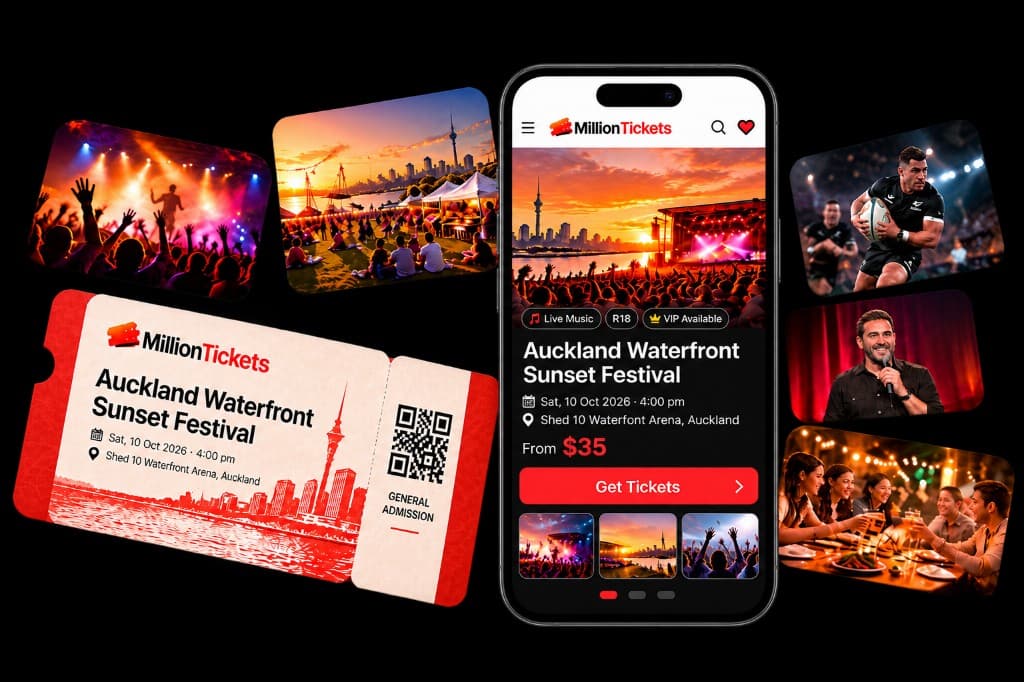 Million Tickets event page on a phone, a digital ticket, and live New Zealand events