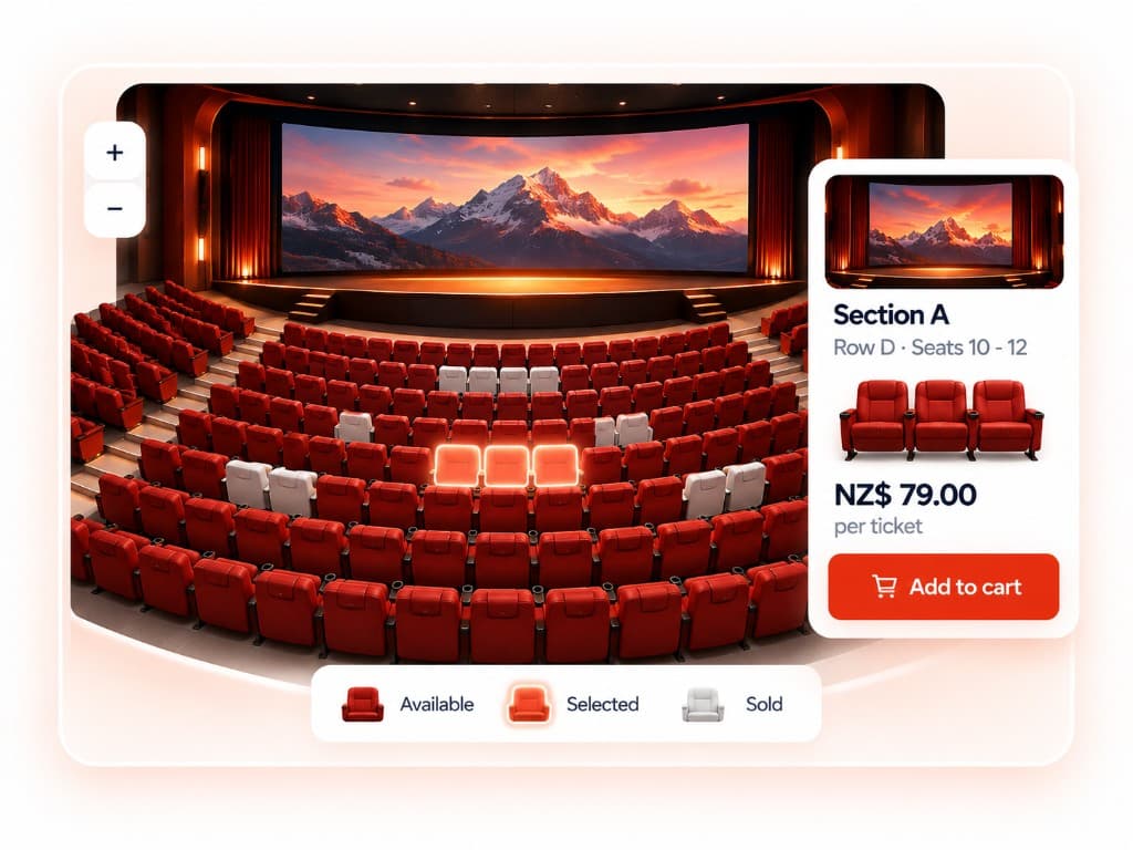 Cinema-style seating map with selected seats and an add-to-cart ticket card
