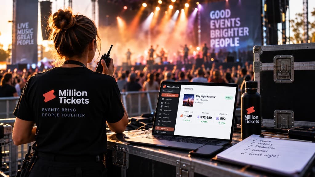 Million Tickets staff running a live event from the dashboard backstage